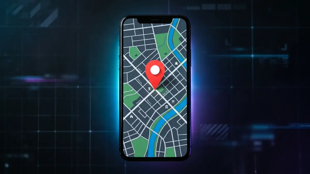 Tela de smartphone exibindo o mapa de ruas do Google Maps com um pino de localização vermelho em destaque sobre fundo tecnológico