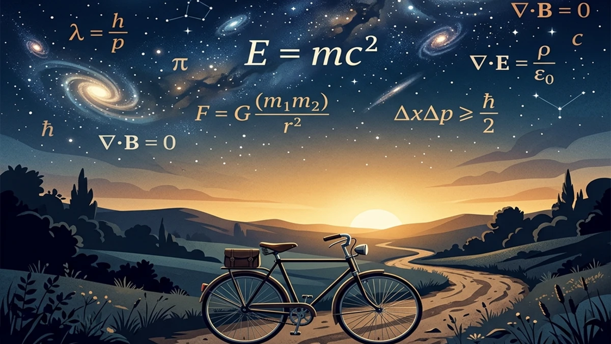 Ilustração artística em tons quentes evocando ciência e imaginação, com fórmulas e estrelas ao fundo