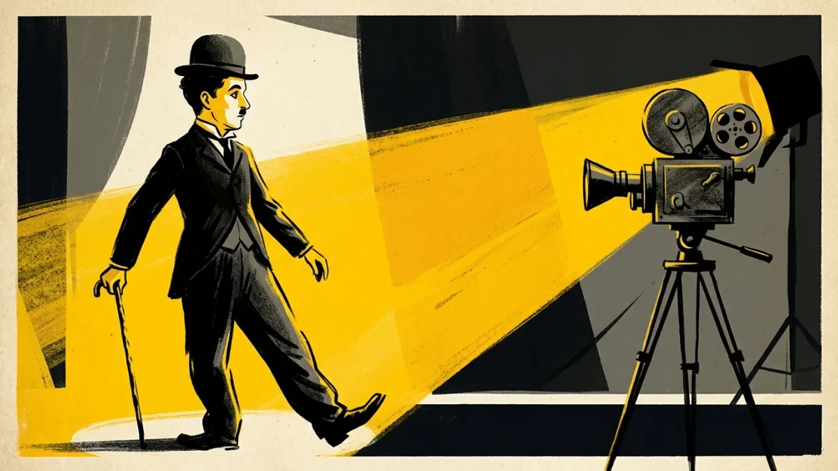 Ilustração de Charles Chaplin como O Vagabundo com uma câmera de cinema antiga