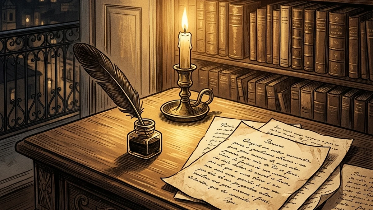 Ilustração em tons sépia com livros antigos, pena e tinteiro sobre mesa de escritório do século XIX, evocando a literatura brasileira clássica