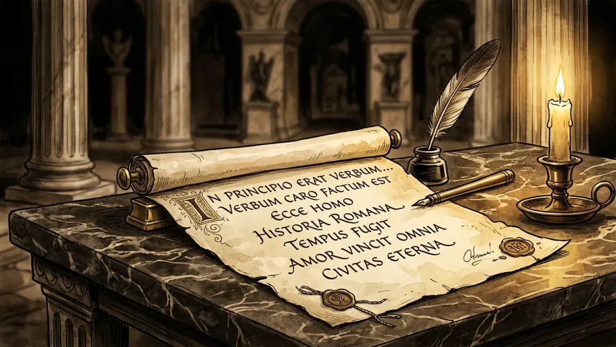 Ilustração em tons de mármore e sépia evocando a Roma antiga, com rolo de pergaminho sobre uma mesa de pedra e letras latinas ao fundo
