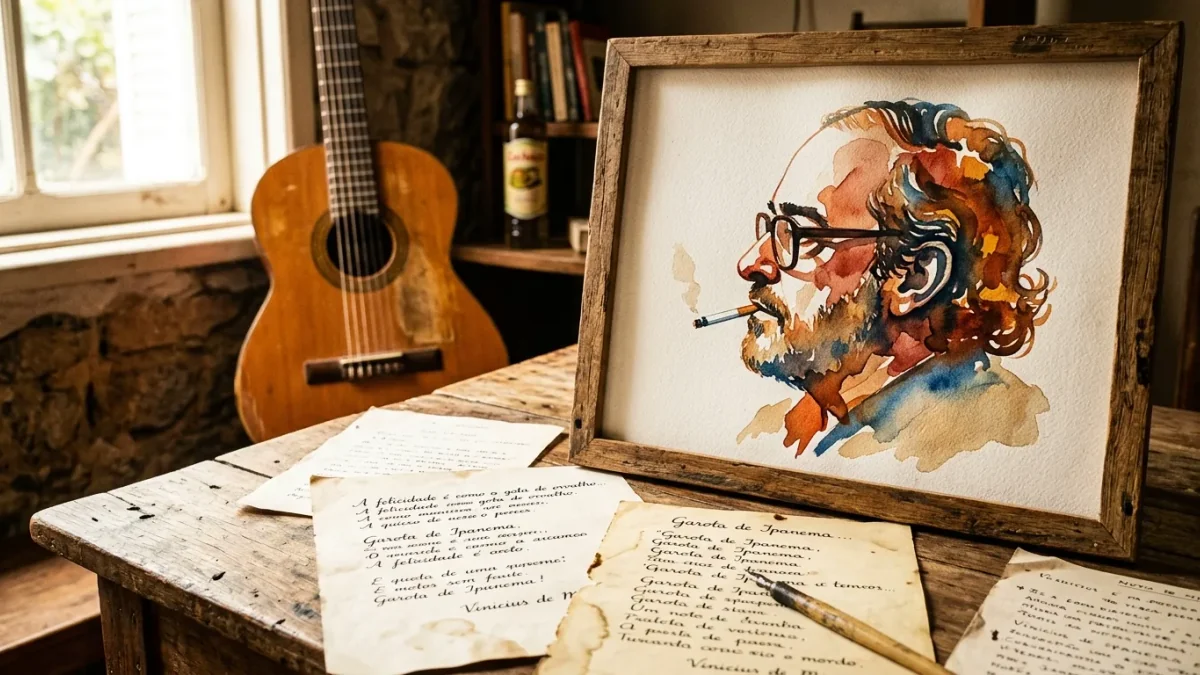 Ilustração de Vinicius de Moraes com um violão ao fundo e páginas de poesia manuscritas, em tons terrosos que evocam o Rio de Janeiro