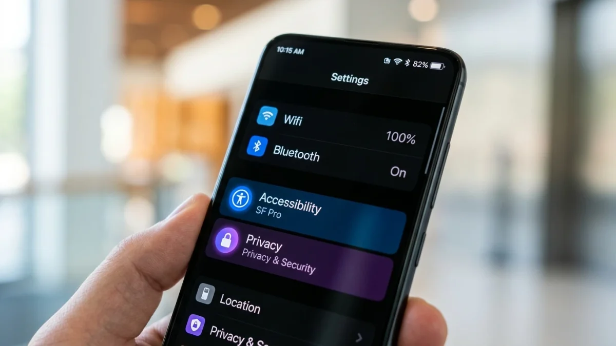 Tela de iPhone mostrando o menu de Ajustes com ícones de Acessibilidade e Privacidade em destaque