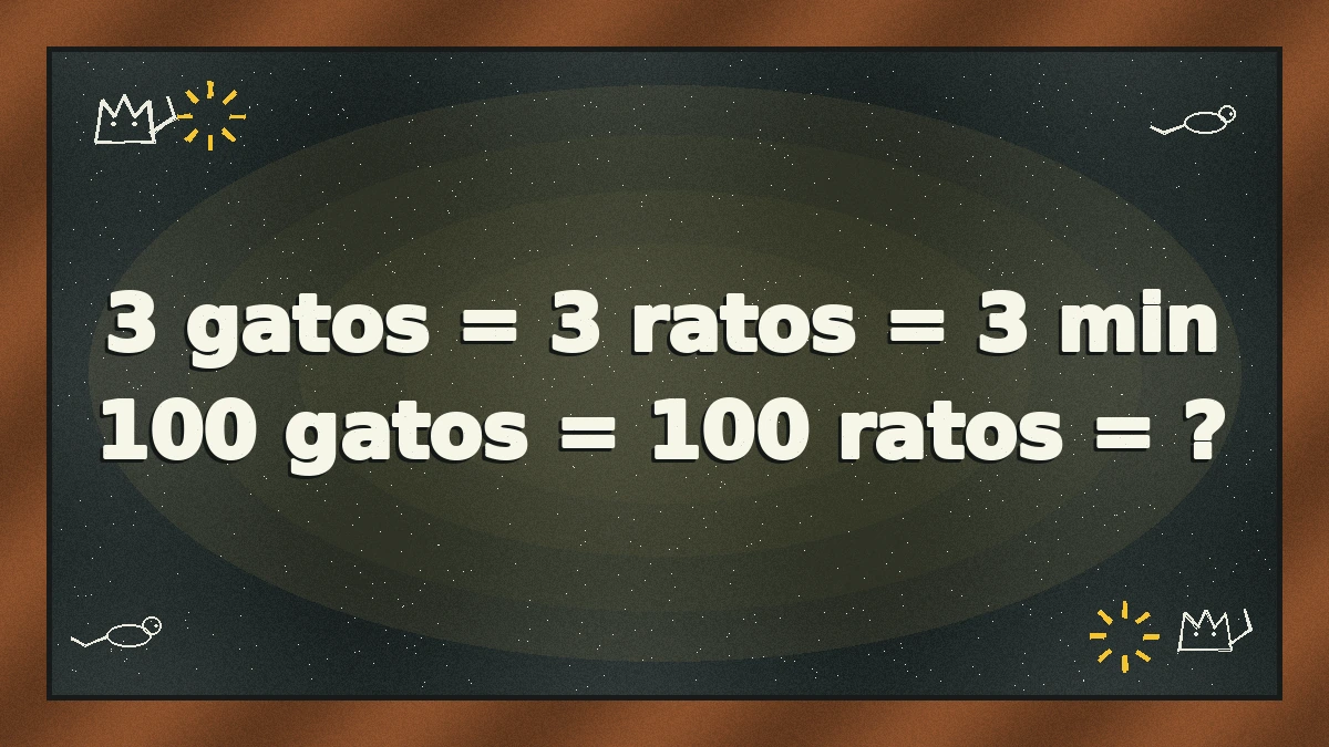 Três gatos observando atentamente três ratos em um ambiente com relógios ao fundo, em ilustração com estilo de mistério e lógica
