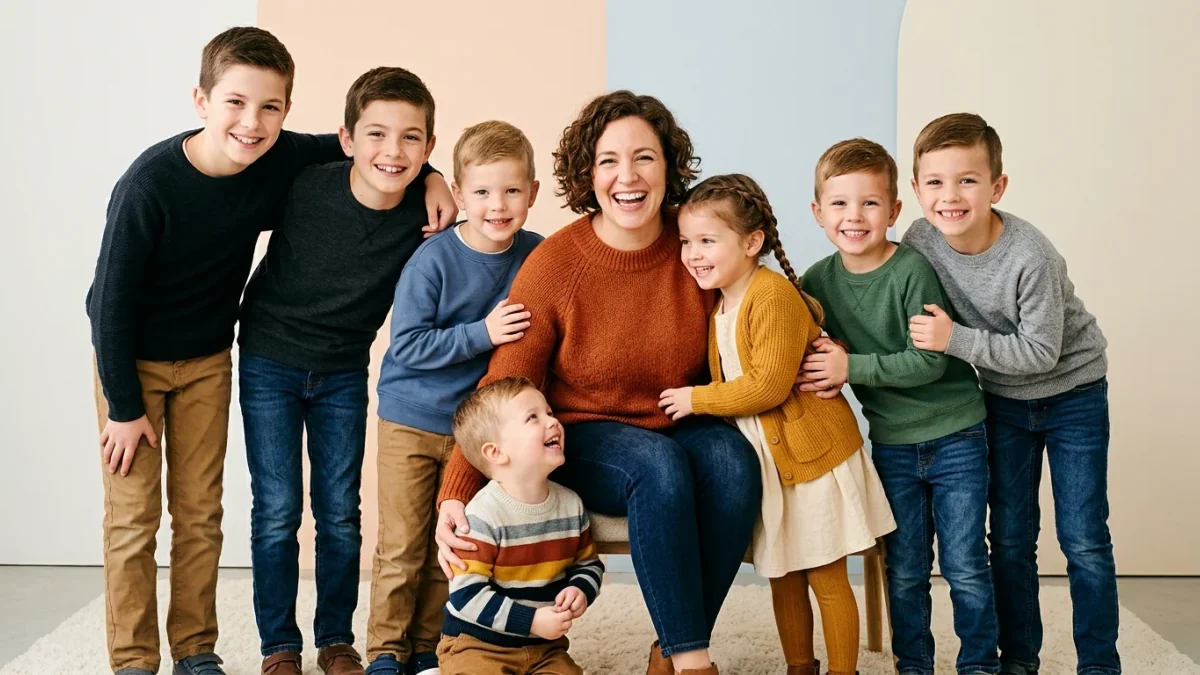 Ilustração de uma família com seis irmãos e uma irmã única em volta da mãe, representando a charada matemática